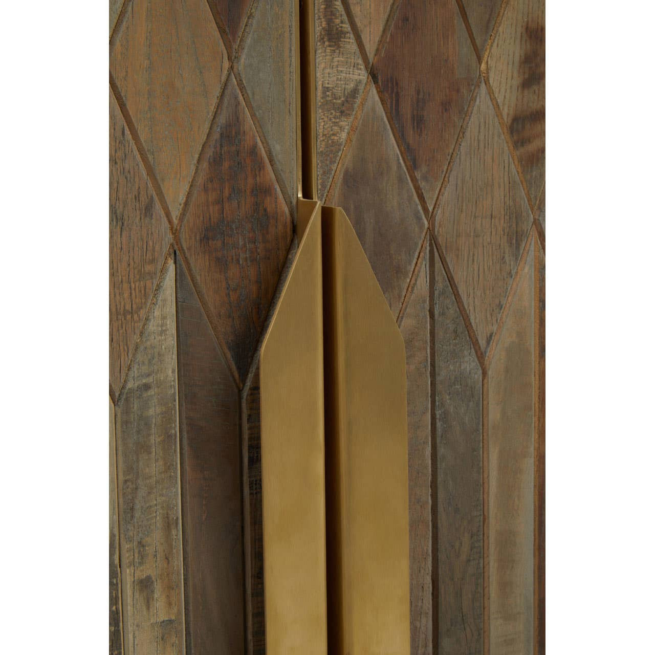 Textured wooden cabinet featuring a geometric diamond pattern in earthy tones, with a sleek gold handle positioned vertically between the cabinet doors