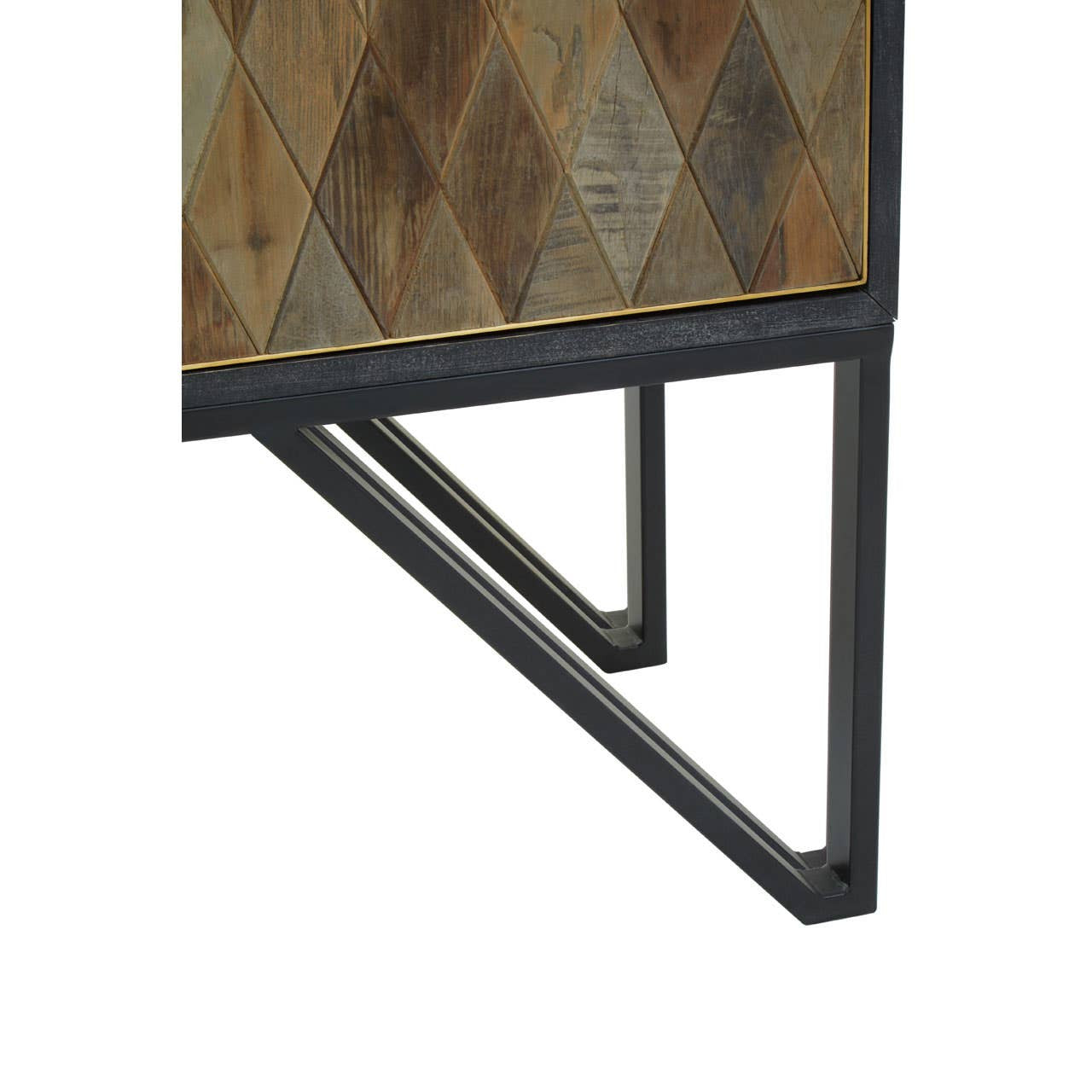 Textured wooden cabinet featuring a diamond pattern in various shades of brown, supported by a sleek black metal frame with angled legs. The cabinet showcases a modern design suitable for home decor