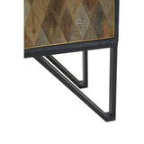 Textured wooden cabinet featuring a diamond pattern in various shades of brown, supported by a sleek black metal frame with angled legs. The cabinet showcases a modern design suitable for home decor