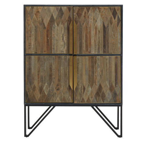 Textured wooden cabinet featuring a natural wood finish with a geometric pattern, two spacious compartments, and sleek gold handles. The cabinet stands on slender black metal legs, adding a modern touch to its rustic design