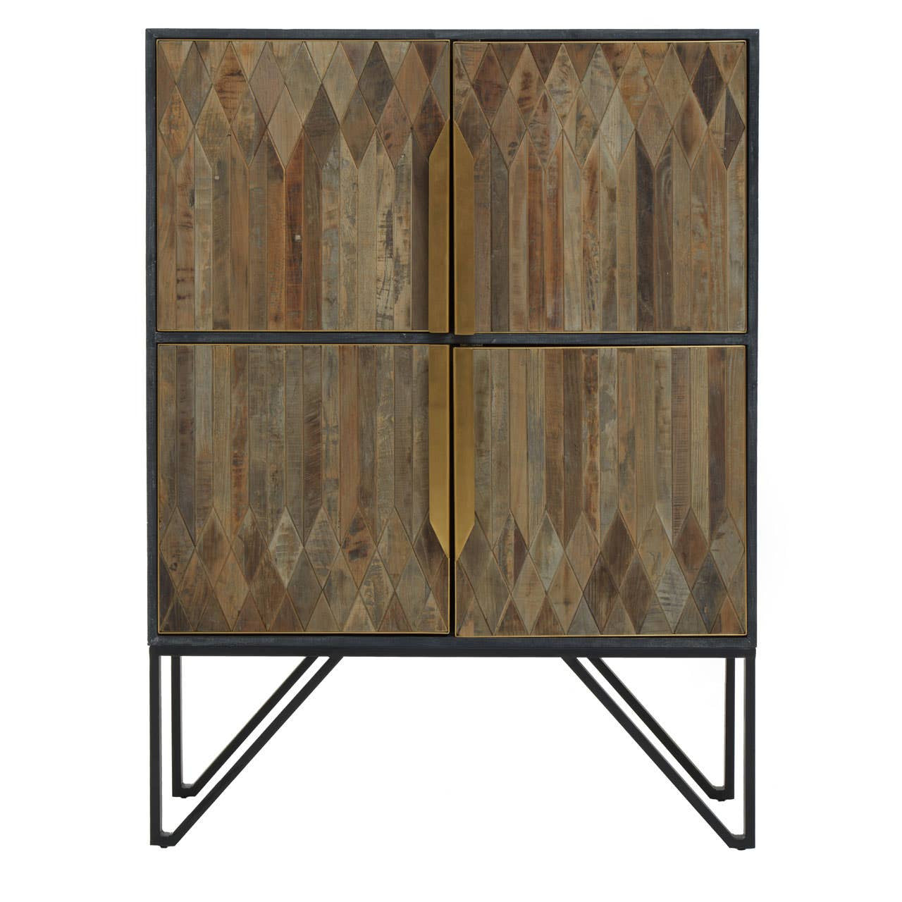 Textured wooden cabinet featuring a natural wood finish with a geometric pattern, two spacious compartments, and sleek gold handles. The cabinet stands on slender black metal legs, adding a modern touch to its rustic design