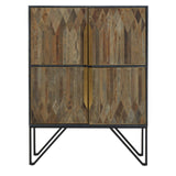 Textured wooden cabinet featuring a natural wood finish with a geometric pattern, two spacious compartments, and sleek gold handles. The cabinet stands on slender black metal legs, adding a modern touch to its rustic design