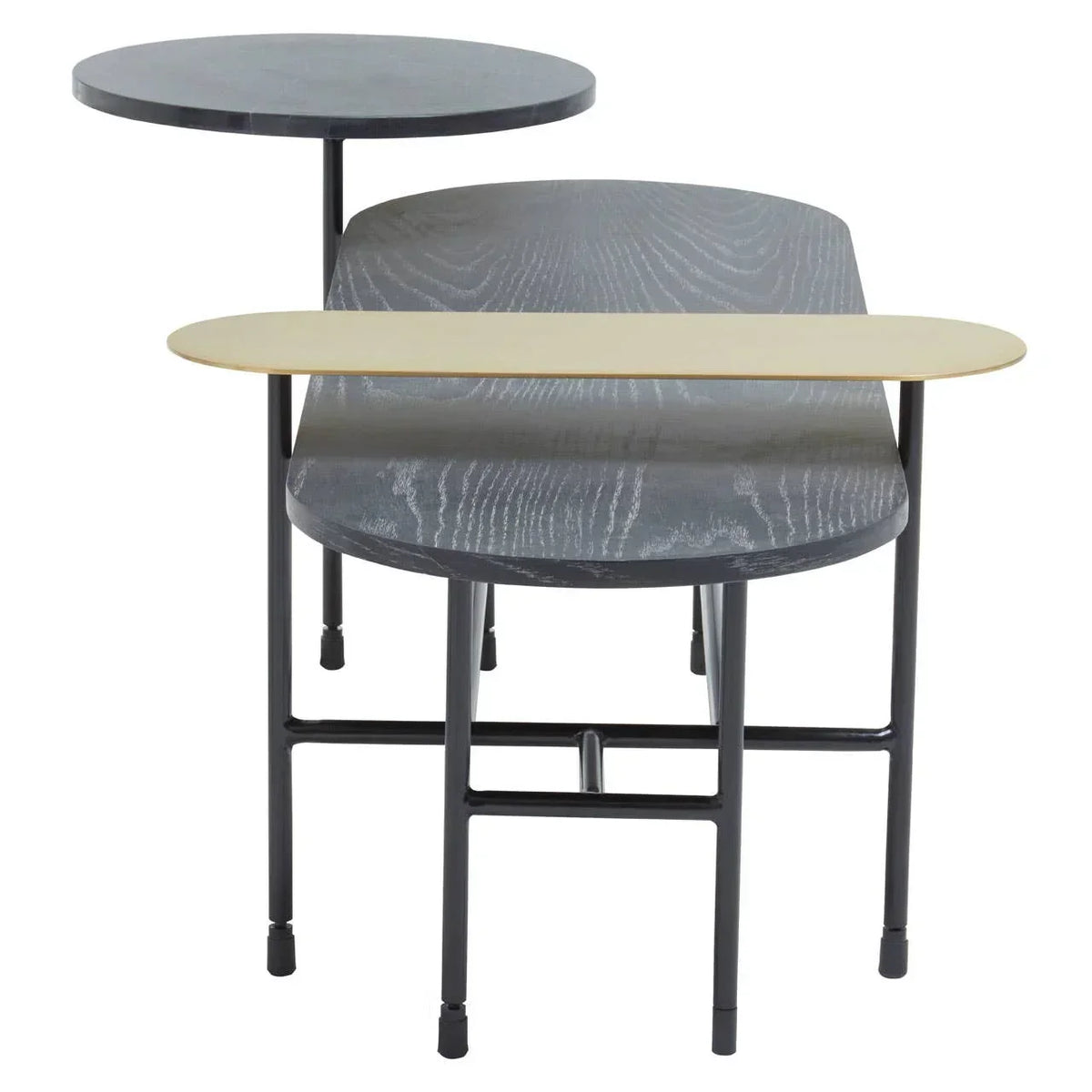 Modern nesting coffee tables with black metal legs, matte grey and gold tabletops, front view
