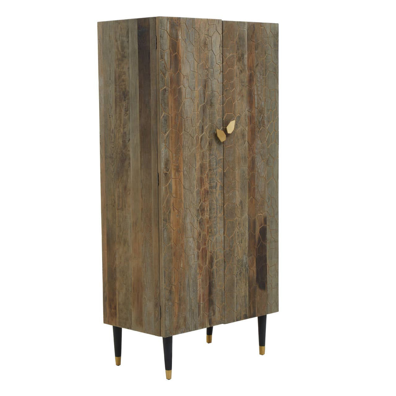 Tall cabinet made from recycled elm wood featuring a natural wood grain finish, a single door with a round gold handle, and four tapered black legs for support