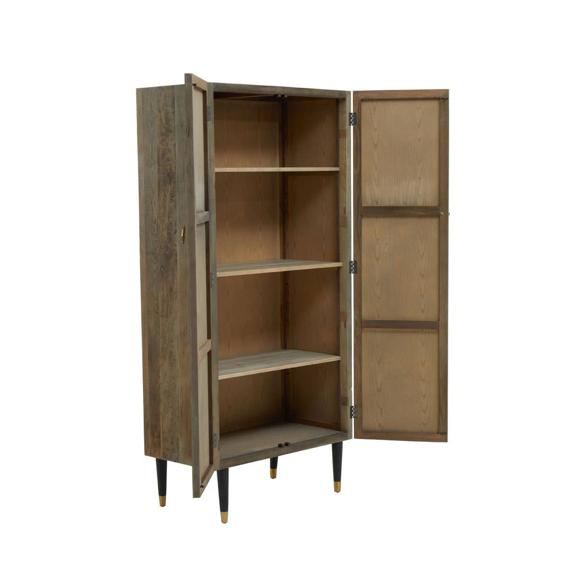 Tall cabinet made from recycled elm wood featuring a natural finish, two doors with horizontal panels, and four interior shelves. The cabinet stands on slender legs, showcasing a modern design suitable for home decor