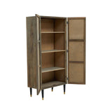 Tall cabinet made from recycled elm wood featuring a natural finish, two doors with horizontal panels, and four interior shelves. The cabinet stands on slender legs, showcasing a modern design suitable for home decor