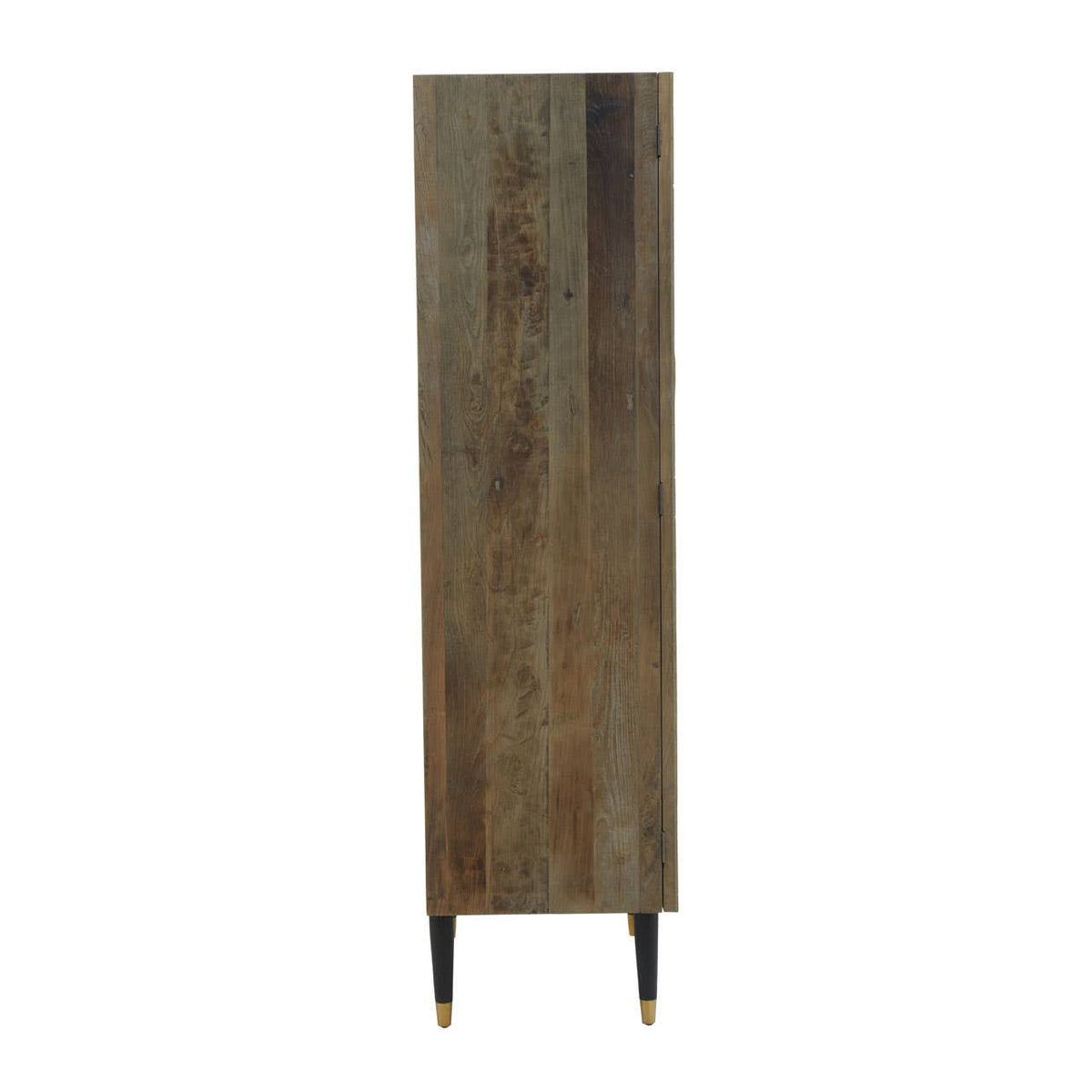 Tall cabinet made from recycled elm wood with a natural finish, featuring a sleek design and tapered black legs, showcasing the wood's unique grain and texture