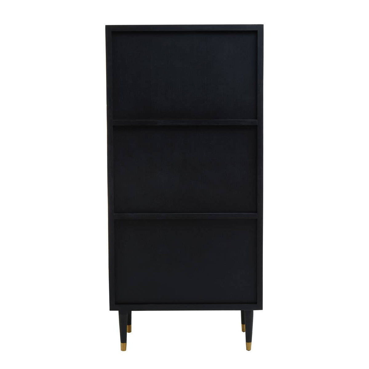 Tall cabinet made from recycled elm wood, featuring a sleek black finish, three horizontal drawers, and tapered legs with gold accents. The design is modern and minimalist, suitable for various home decor styles