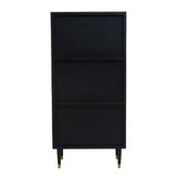 Tall cabinet made from recycled elm wood, featuring a sleek black finish, three horizontal drawers, and tapered legs with gold accents. The design is modern and minimalist, suitable for various home decor styles