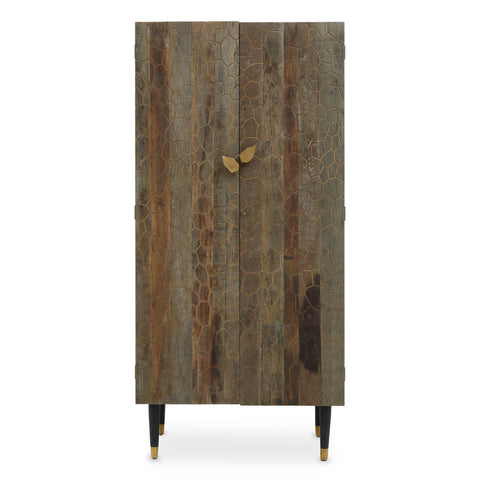 Tall cabinet made from recycled elm wood featuring a natural wood grain finish, a single door with a unique gold handle, and four slender black legs. The cabinet has a rustic yet modern design, suitable for home decor