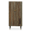 Tall cabinet made from recycled elm wood featuring a natural wood grain finish, a single door with a unique gold handle, and four slender black legs. The cabinet has a rustic yet modern design, suitable for home decor