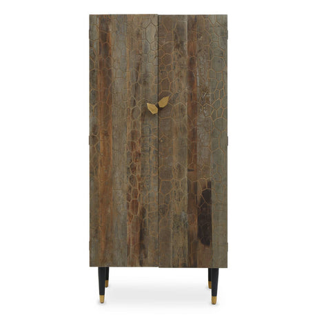 Tall cabinet made from recycled elm wood featuring a natural wood grain finish, a single door with a unique gold handle, and four slender black legs. The cabinet has a rustic yet modern design, suitable for home decor