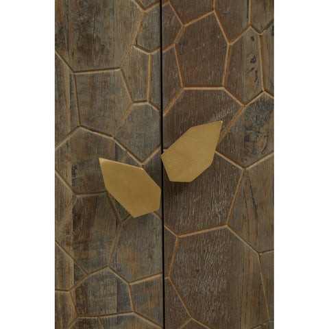 Tall cabinet made from recycled elm wood featuring a textured surface with a honeycomb pattern and a unique gold-colored leaf-shaped handle. The wood has a natural finish with varying shades of brown, highlighting its rustic charm