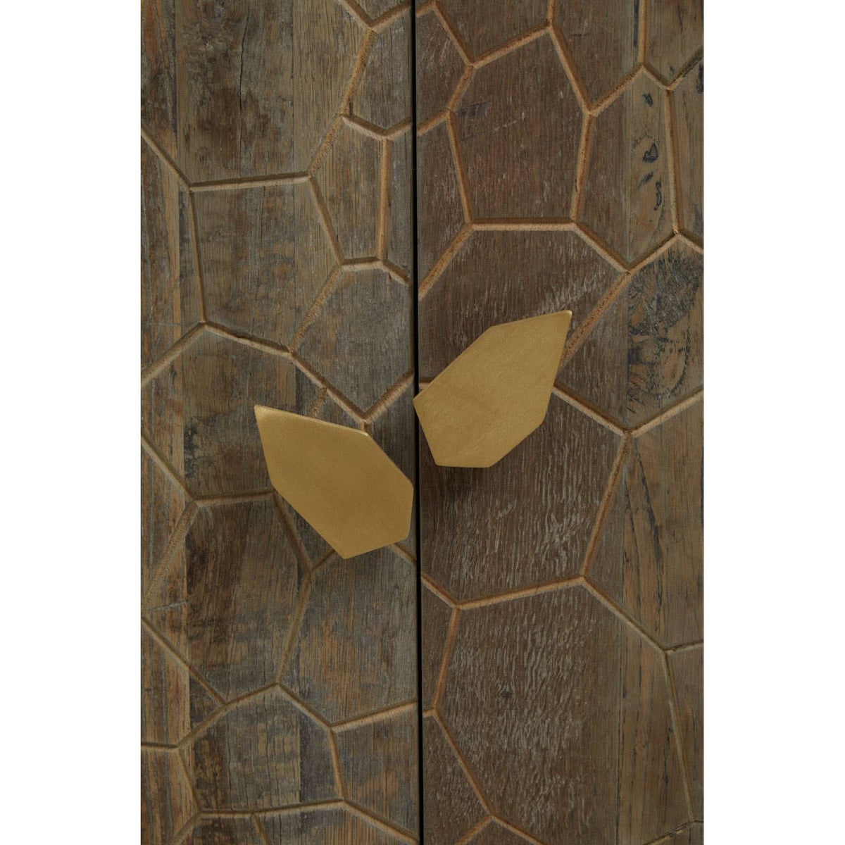 Tall cabinet made from recycled elm wood featuring a textured surface with a honeycomb pattern and a unique gold-colored leaf-shaped handle. The wood has a natural finish with varying shades of brown, highlighting its rustic charm
