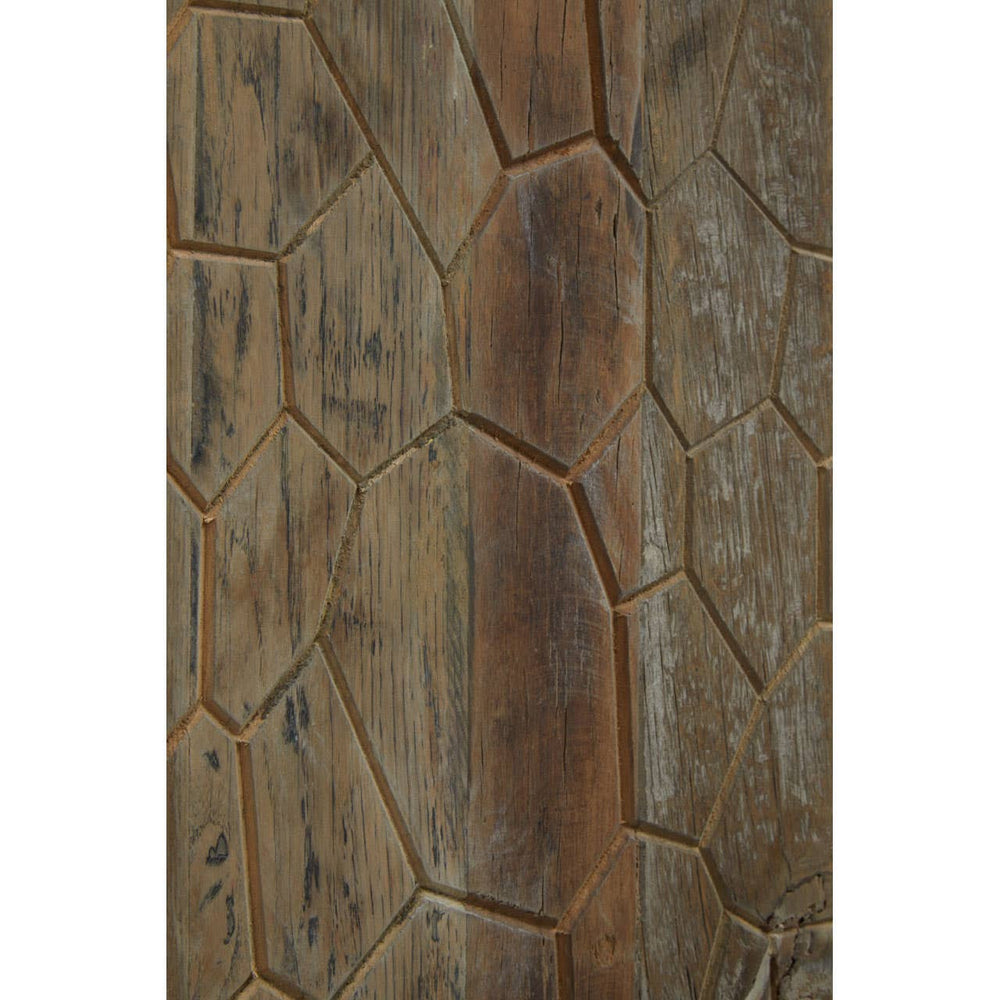 Close-up view of the textured surface of the Malay Recycled Elm Wood Tall Cabinet, showcasing a unique hexagonal pattern in rich brown tones with natural wood grain variations