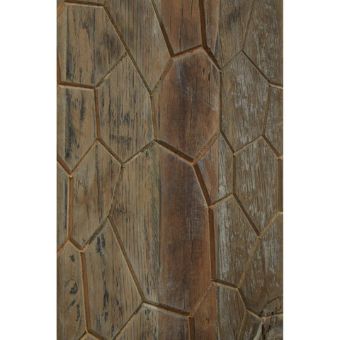Close-up view of the textured surface of the Malay Recycled Elm Wood Tall Cabinet, showcasing a unique hexagonal pattern in rich brown tones with natural wood grain variations