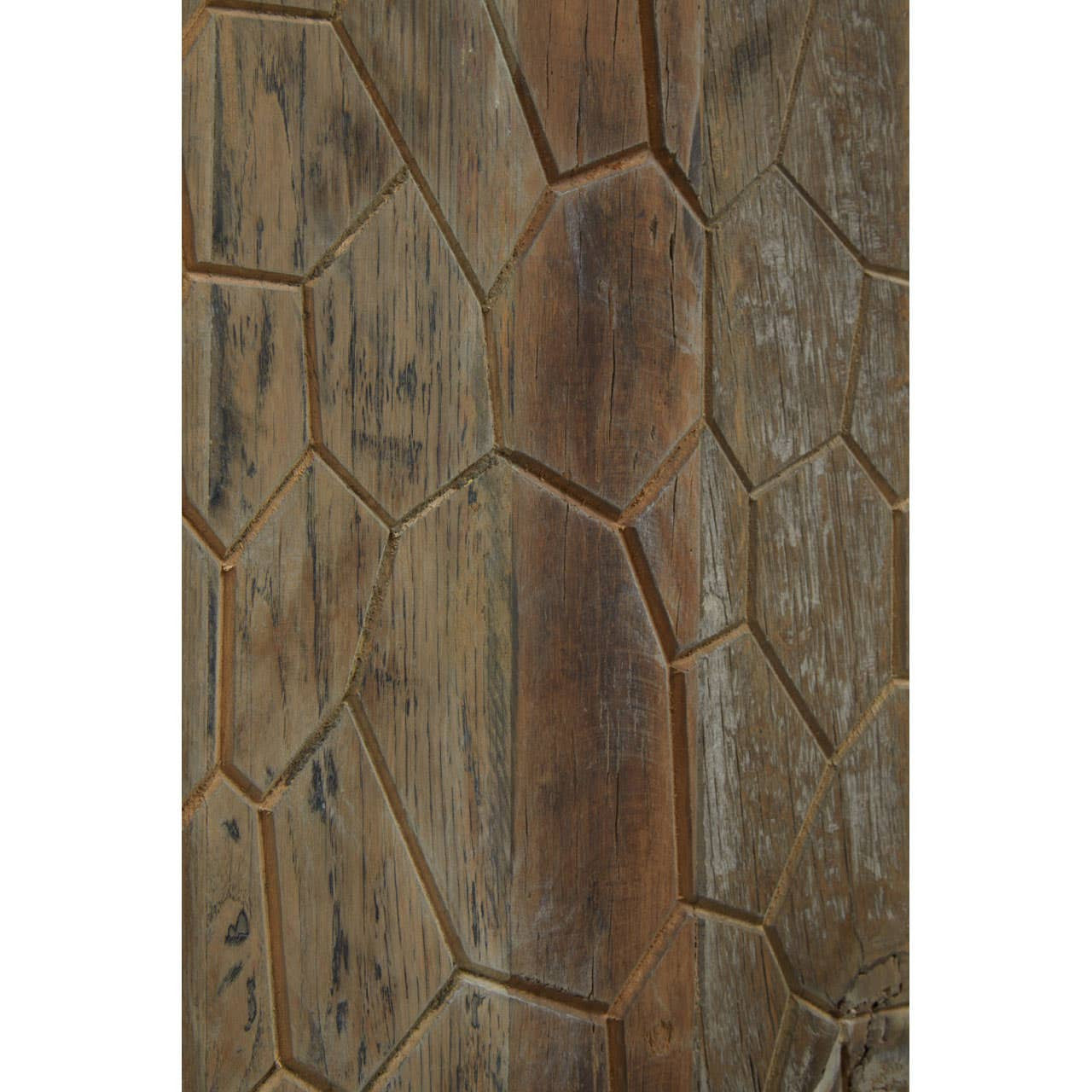 Close-up view of the textured surface of the Malay Recycled Elm Wood Tall Cabinet, showcasing a unique hexagonal pattern in rich brown tones with natural wood grain variations