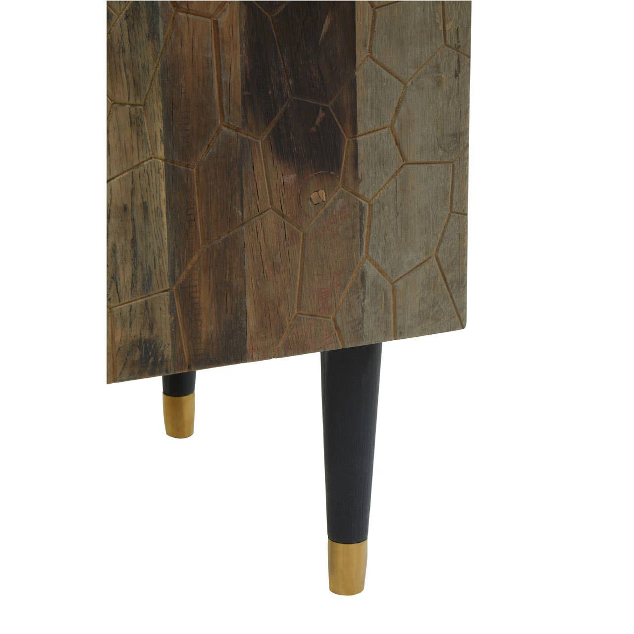 Tall cabinet made from recycled elm wood featuring a natural wood finish with visible grain patterns. The cabinet stands on four tapered legs, two of which are black with gold tips. The overall design is rustic and modern, suitable for various home decor styles