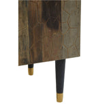 Tall cabinet made from recycled elm wood featuring a natural wood finish with visible grain patterns. The cabinet stands on four tapered legs, two of which are black with gold tips. The overall design is rustic and modern, suitable for various home decor styles