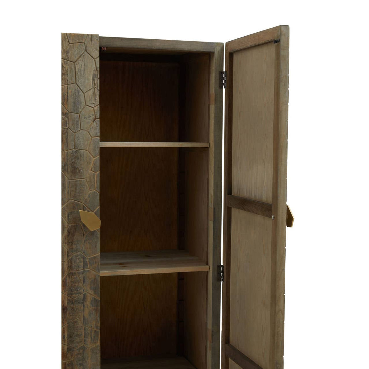 Tall cabinet made from recycled elm wood with a rustic finish, featuring two open shelves and a pair of doors that are slightly ajar, revealing the interior. The cabinet has a natural wood grain texture and simple metal handles