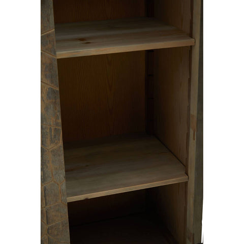 Tall cabinet made from recycled elm wood featuring a rustic finish, with three open shelves and a sturdy frame, showcasing the natural grain and texture of the wood