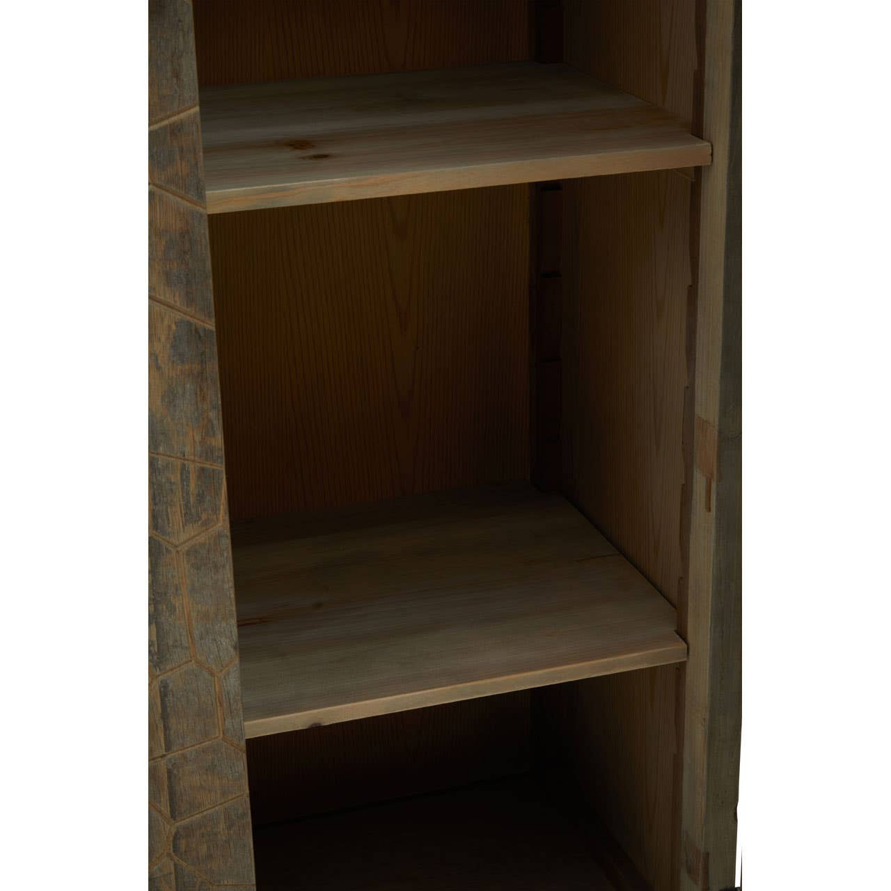Tall cabinet made from recycled elm wood featuring a rustic finish, with three open shelves and a sturdy frame, showcasing the natural grain and texture of the wood