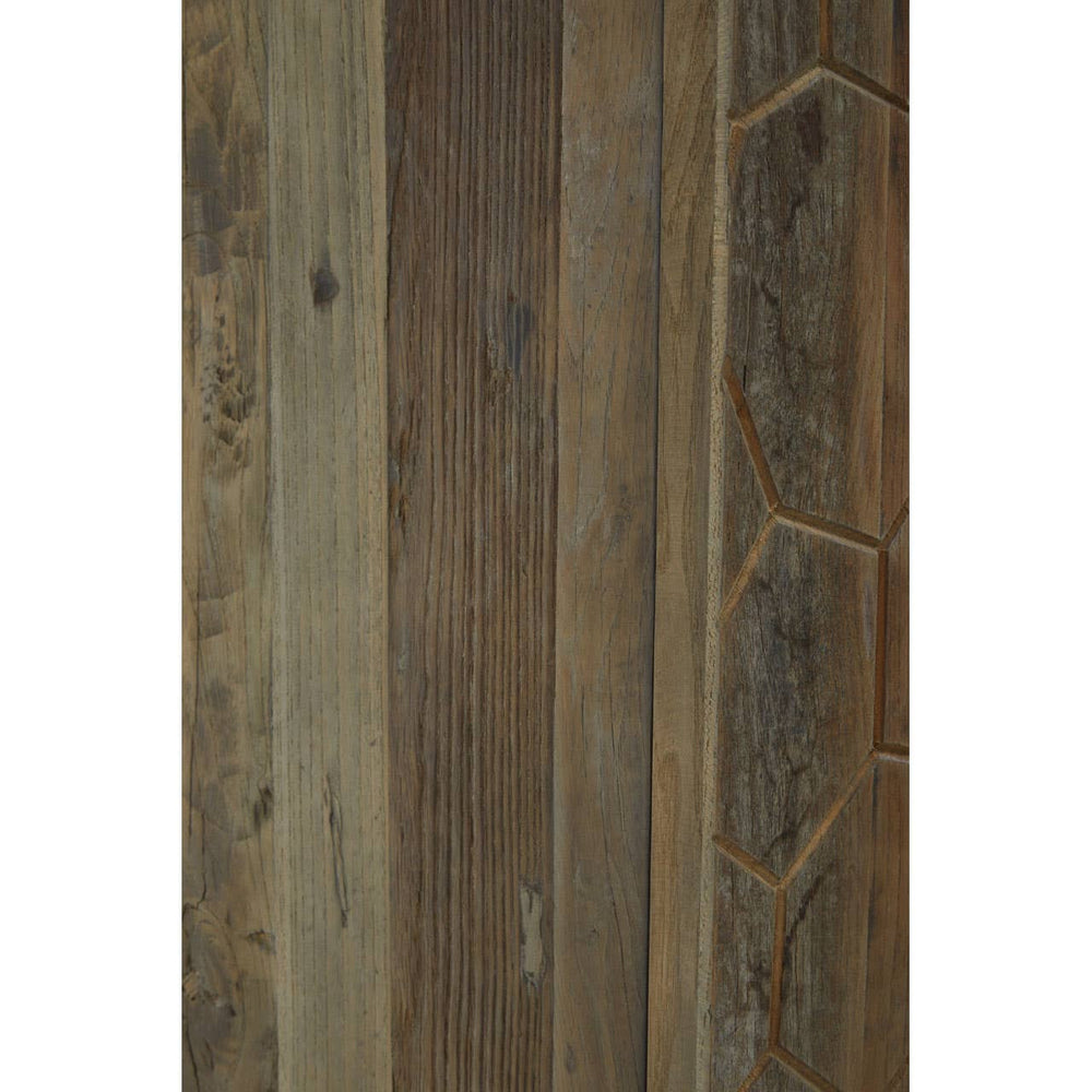 Tall cabinet made from recycled elm wood featuring a natural wood grain finish with varying shades of brown and green. The cabinet has a textured surface with geometric patterns carved into the wood, enhancing its rustic appeal