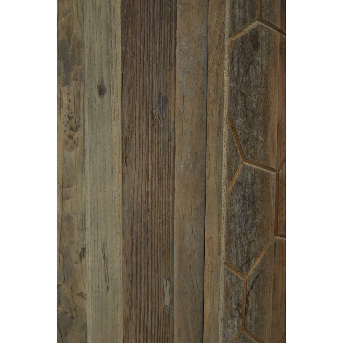 Tall cabinet made from recycled elm wood featuring a natural wood grain finish with varying shades of brown and green. The cabinet has a textured surface with geometric patterns carved into the wood, enhancing its rustic appeal