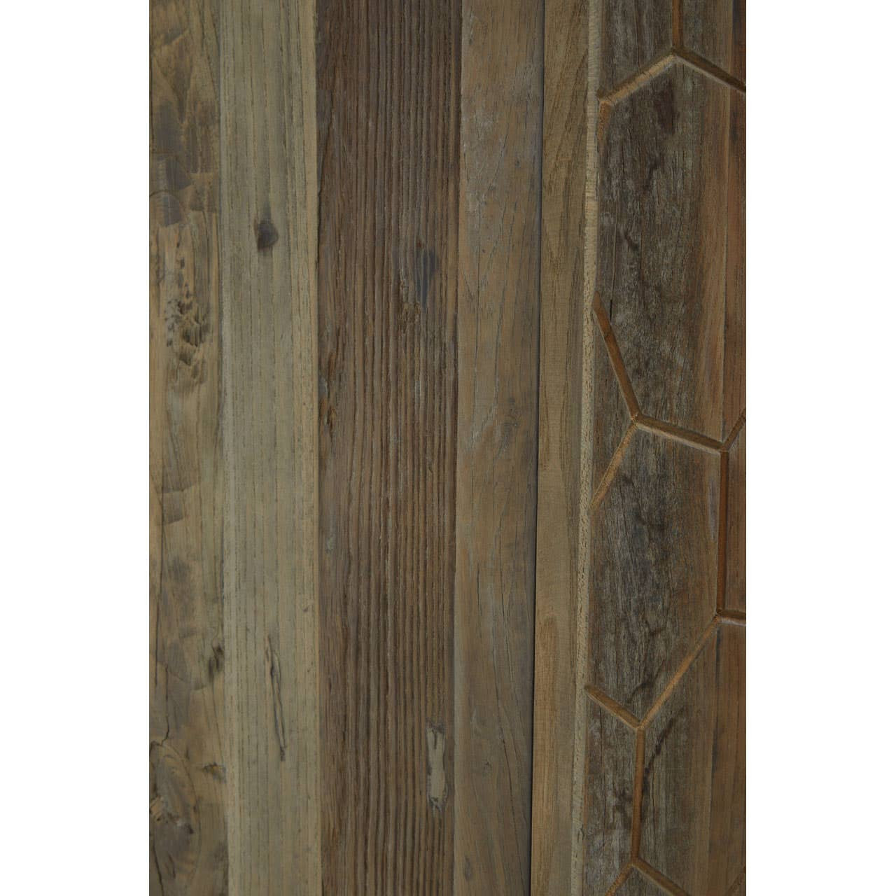 Tall cabinet made from recycled elm wood featuring a natural wood grain finish with varying shades of brown and green. The cabinet has a textured surface with geometric patterns carved into the wood, enhancing its rustic appeal