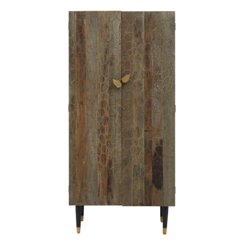 Tall cabinet made from recycled elm wood featuring a natural wood grain finish, a single door with a decorative gold handle, and four slender black legs for support