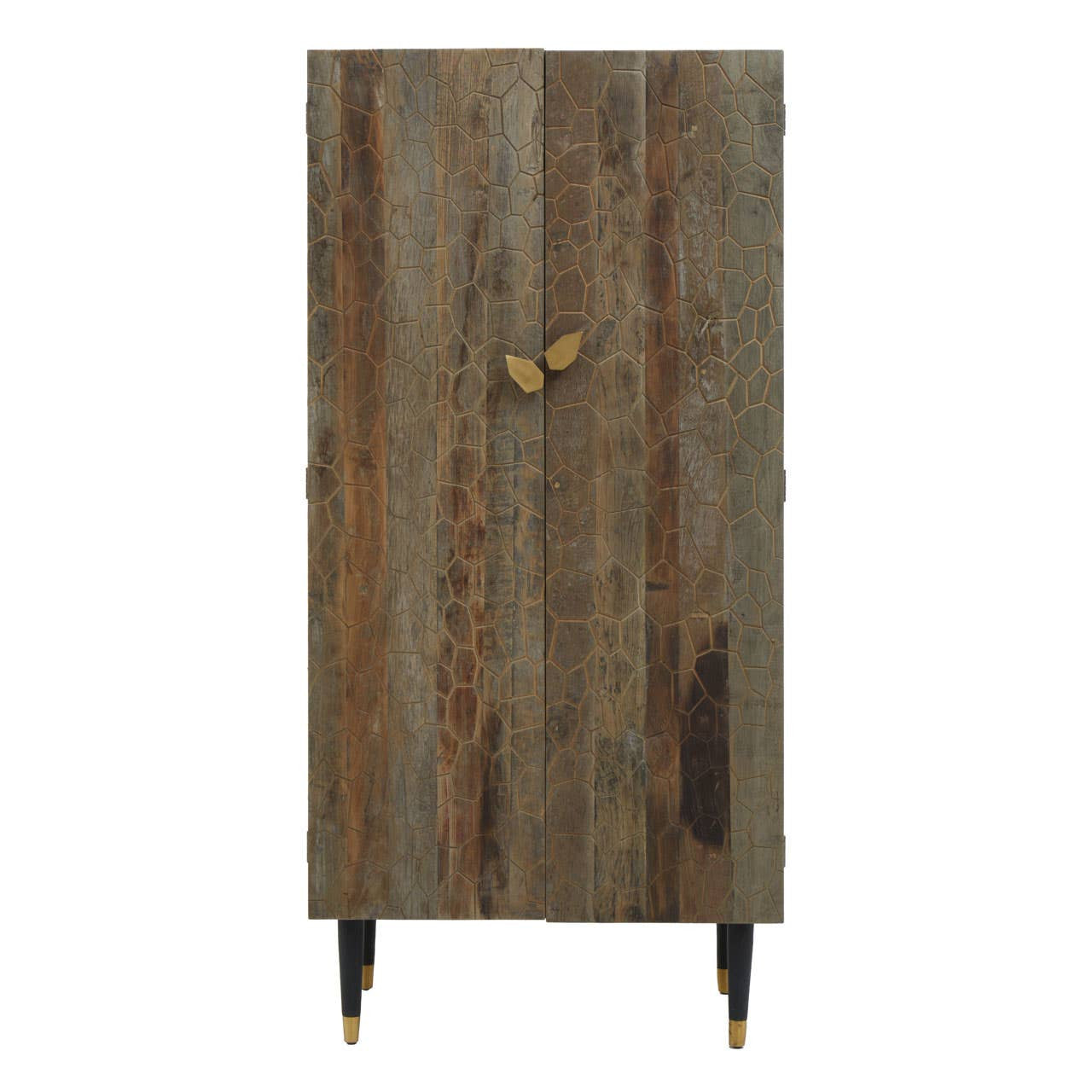 Tall cabinet made from recycled elm wood featuring a natural wood grain finish, a single door with a decorative gold handle, and four slender black legs for support