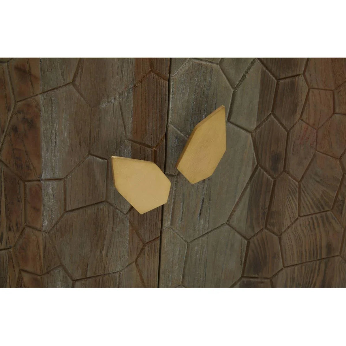Textured wood cabinet doors with gold geometric handles