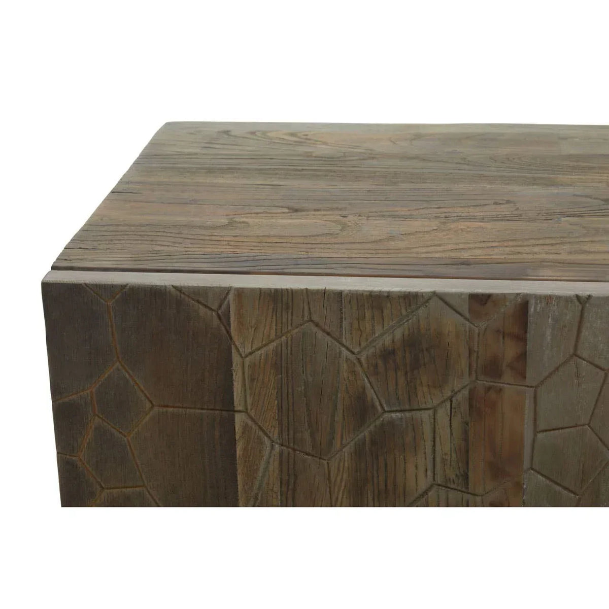 Wooden coffee table with textured geometric carved side and smooth top surface