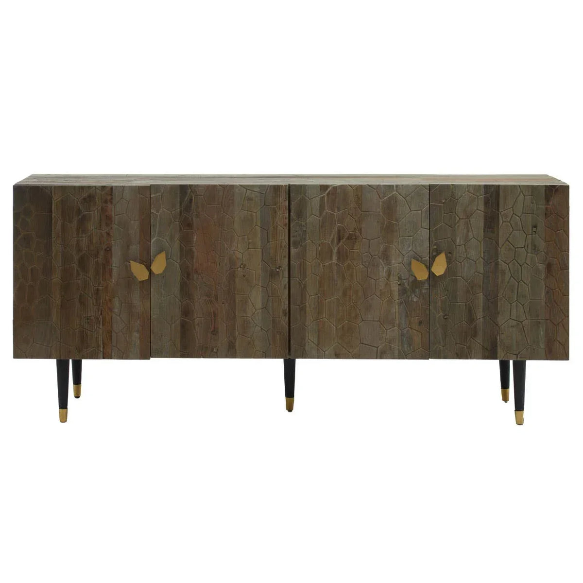 Wooden sideboard with textured panel doors, gold butterfly handles, and black tapered legs