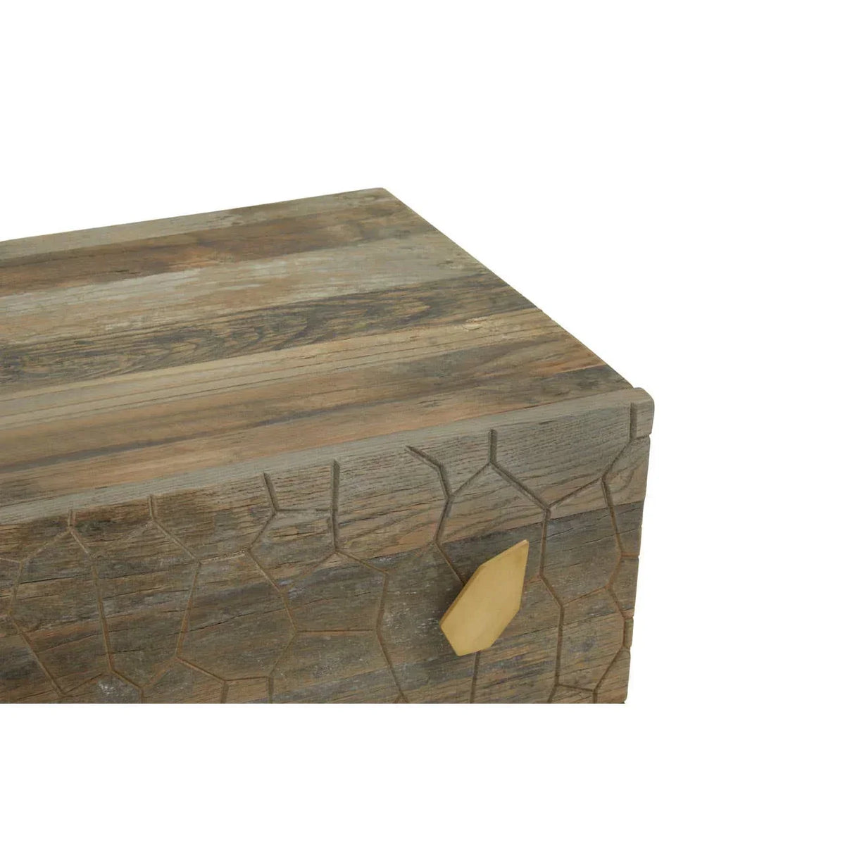 Wooden drawer unit with geometric carved pattern and brass hexagon handle front view