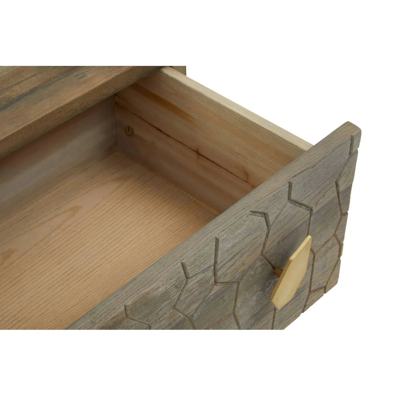 Wooden drawer with geometric pattern and gold handle, interior view