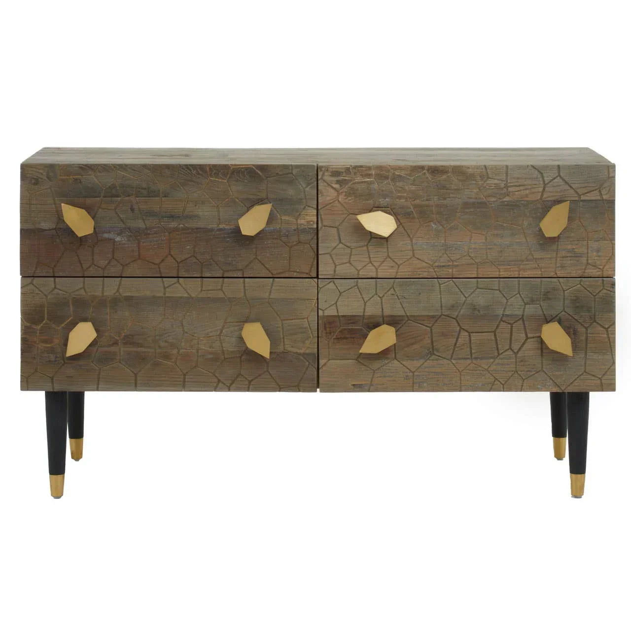 Wooden sideboard with gold geometric handles, textured drawer fronts, and black legs