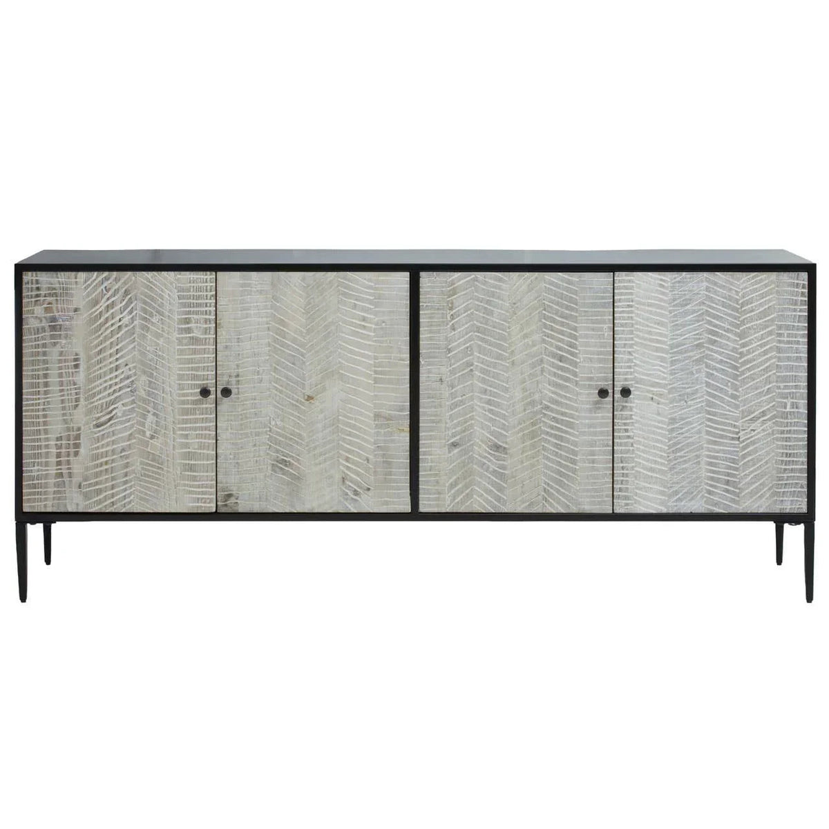 Herringbone light wood sideboard with black metal frame and legs, front view