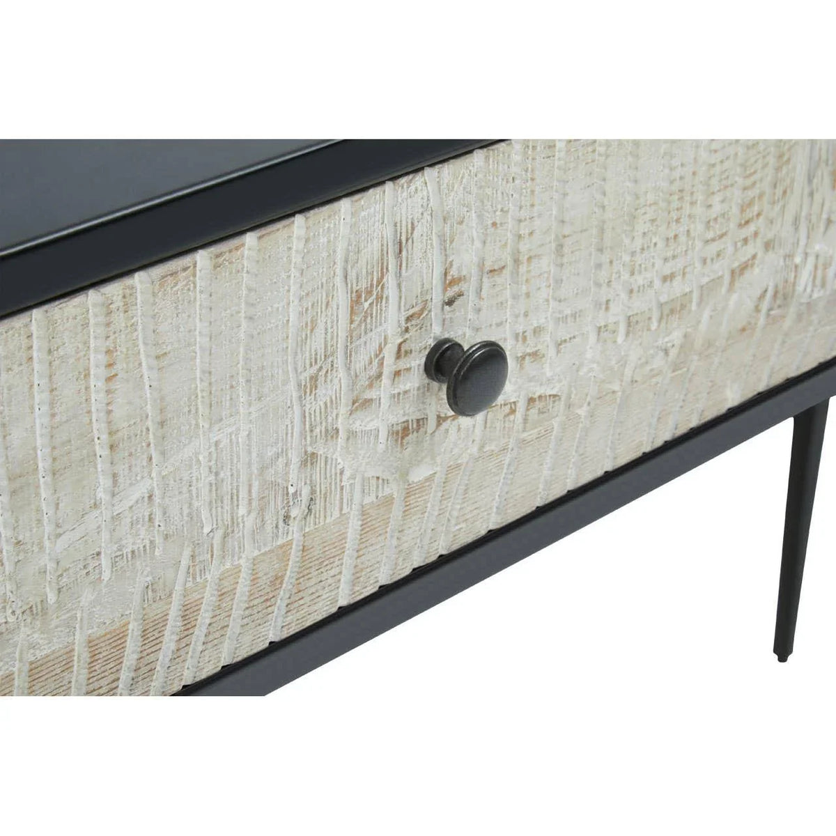 Textured wood sideboard drawer with black metal handle and slim metal legs