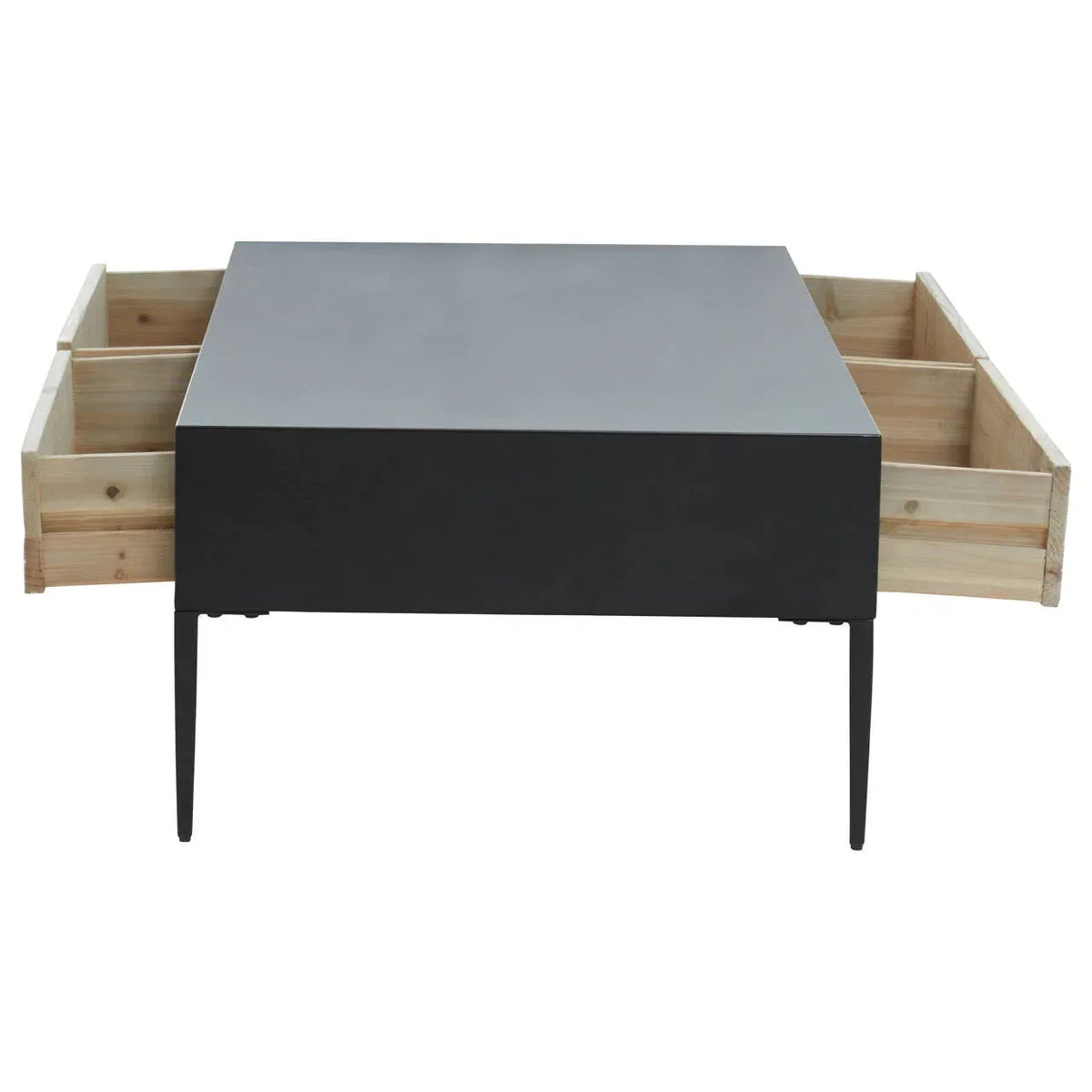 Black square coffee table with two open side drawers and slim black legs