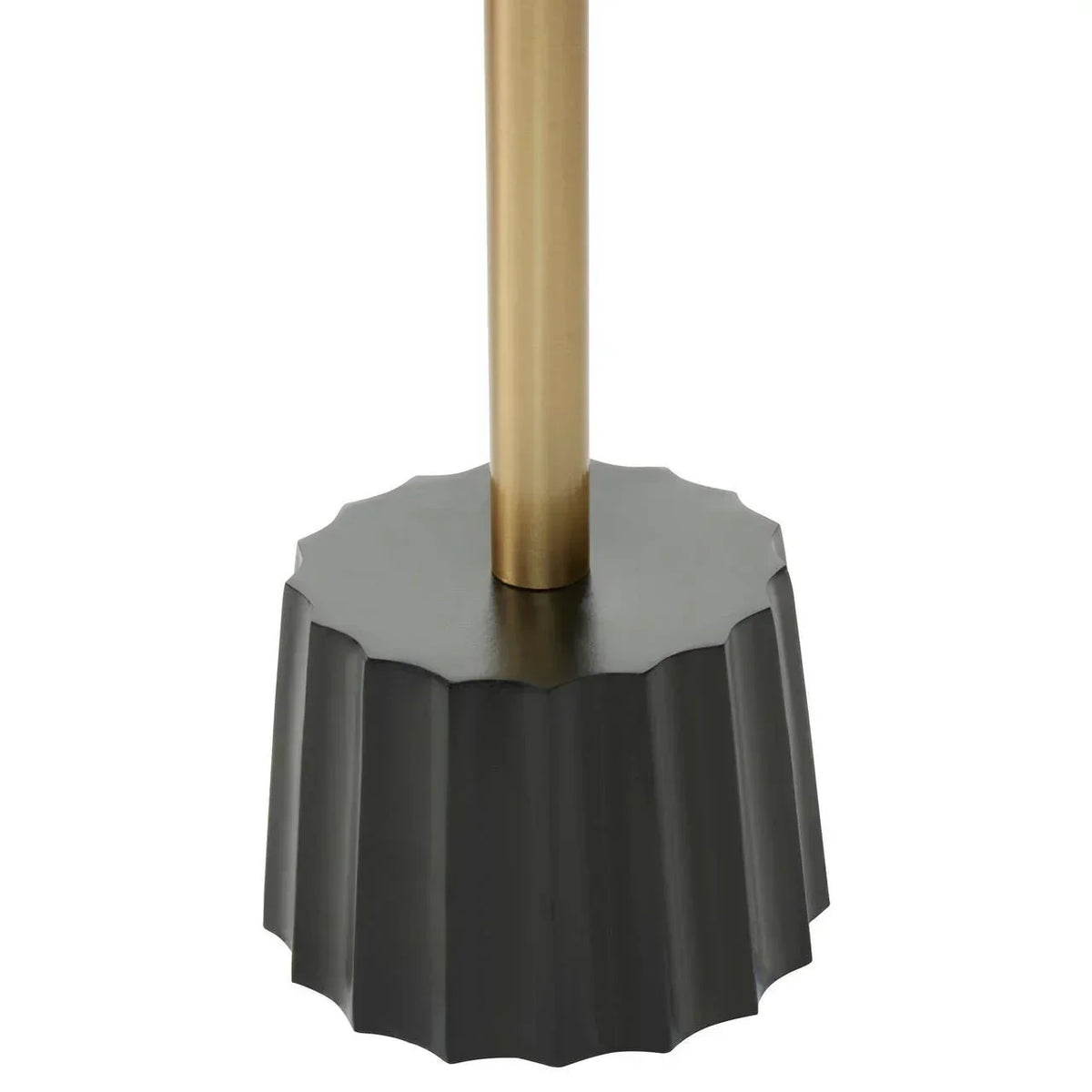 Black fluted lamp base with gold metal stem closeup