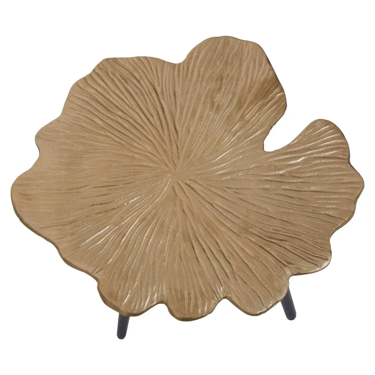 Gold leaf-shaped side table with textured surface and black legs, top view