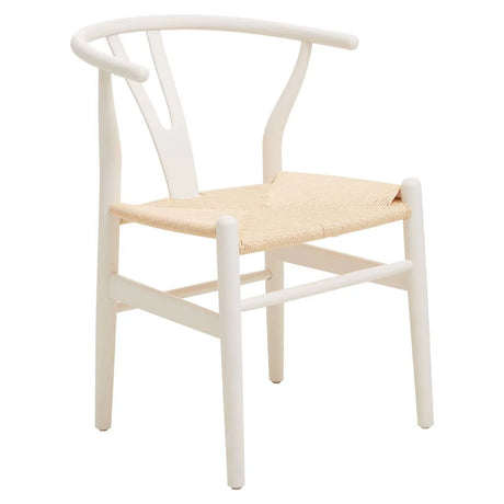 White wooden dining chair with woven natural seat and curved backrest
