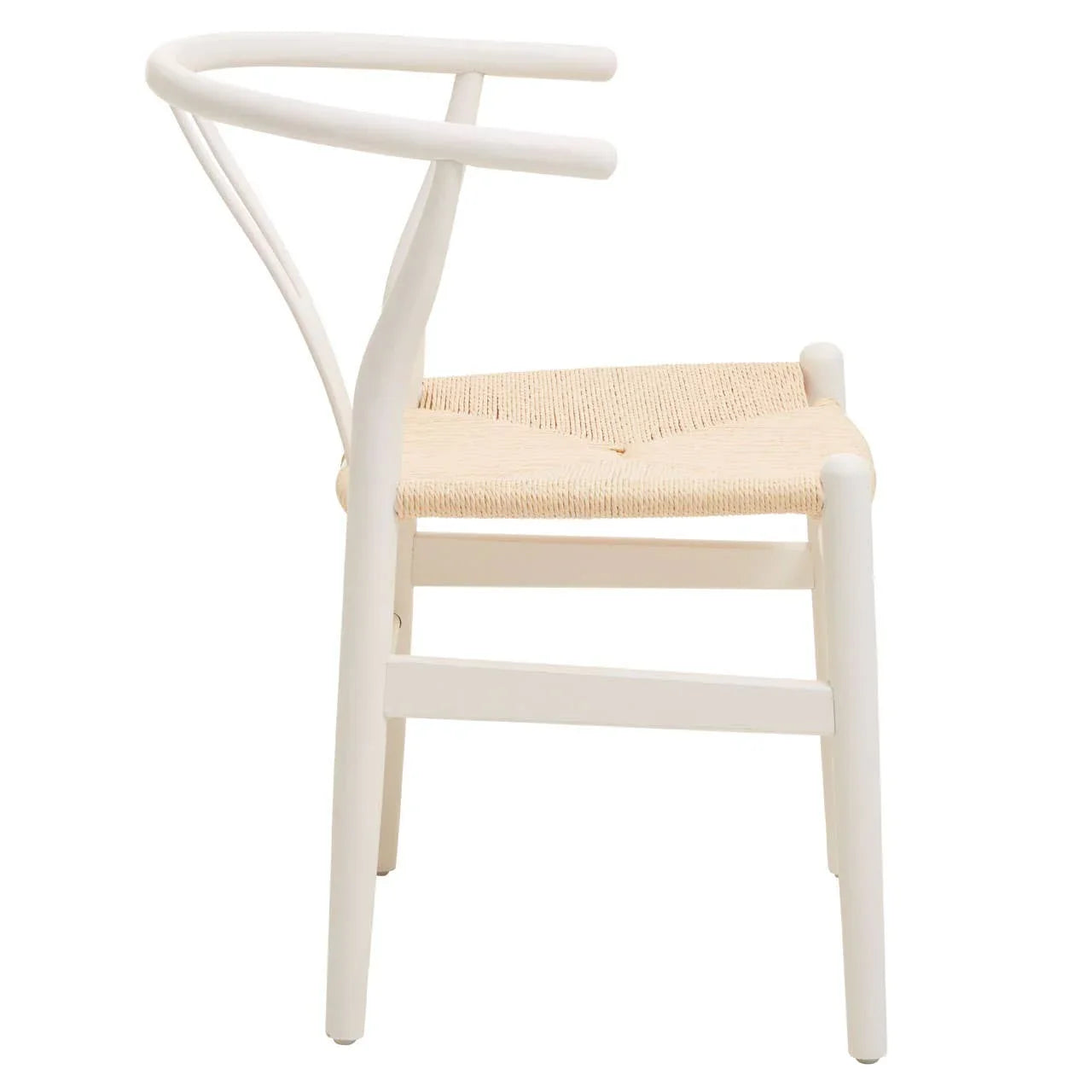 White wooden dining chair with curved backrest and natural woven seat, side angle view