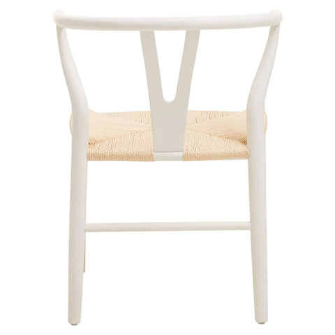 White dining chair with curved backrest and woven natural seat, rear view