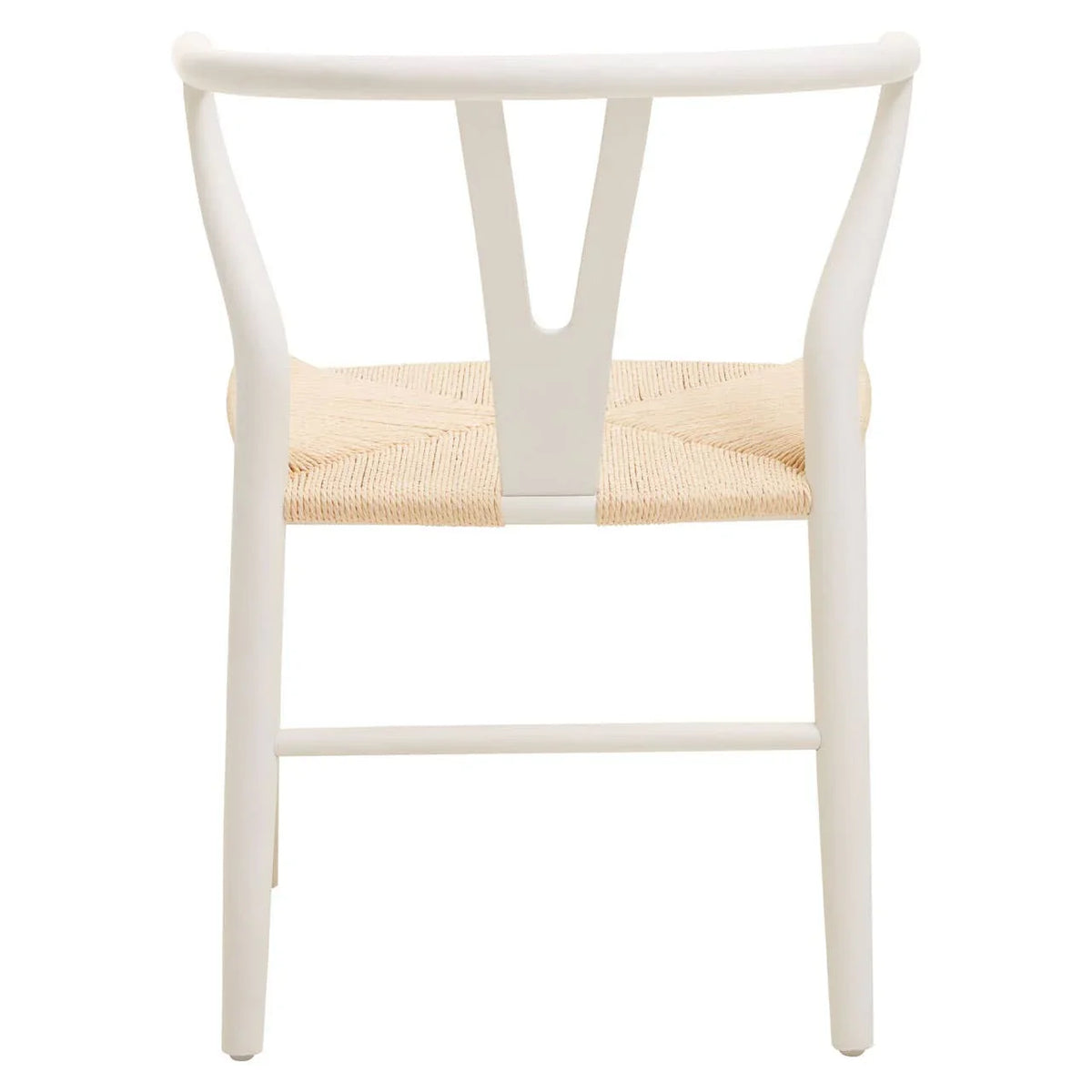 White dining chair with curved backrest and woven natural seat, rear view