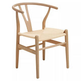 Natural wood dining chair with curved backrest and woven seat
