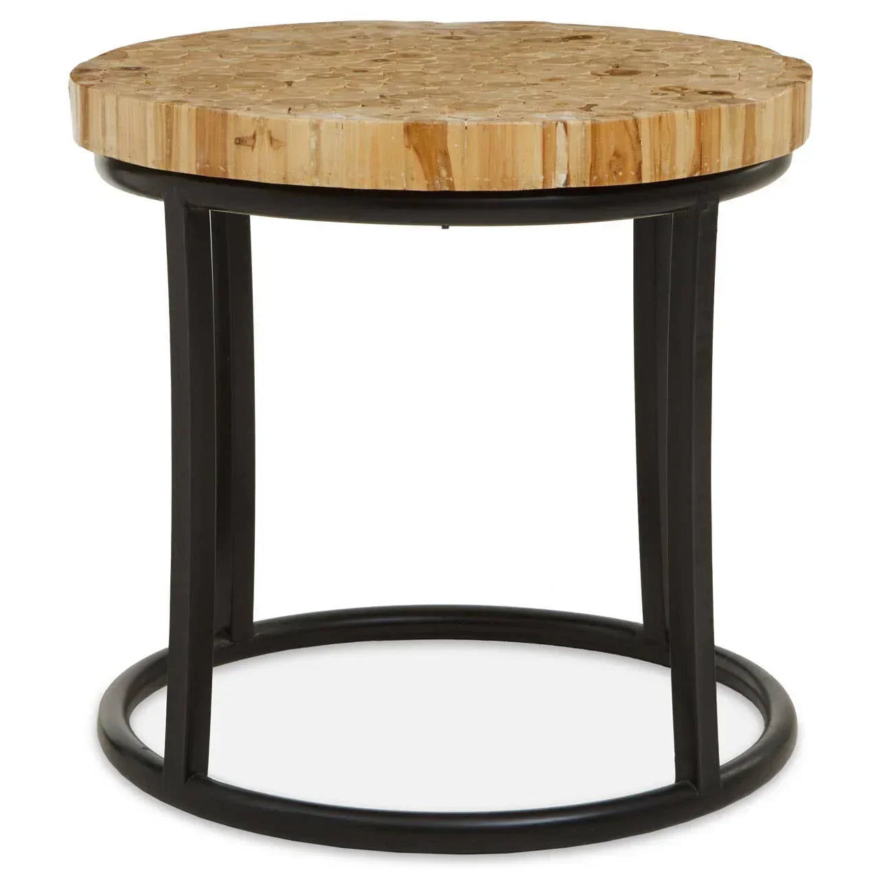 Round side table with natural wood top and black metal frame