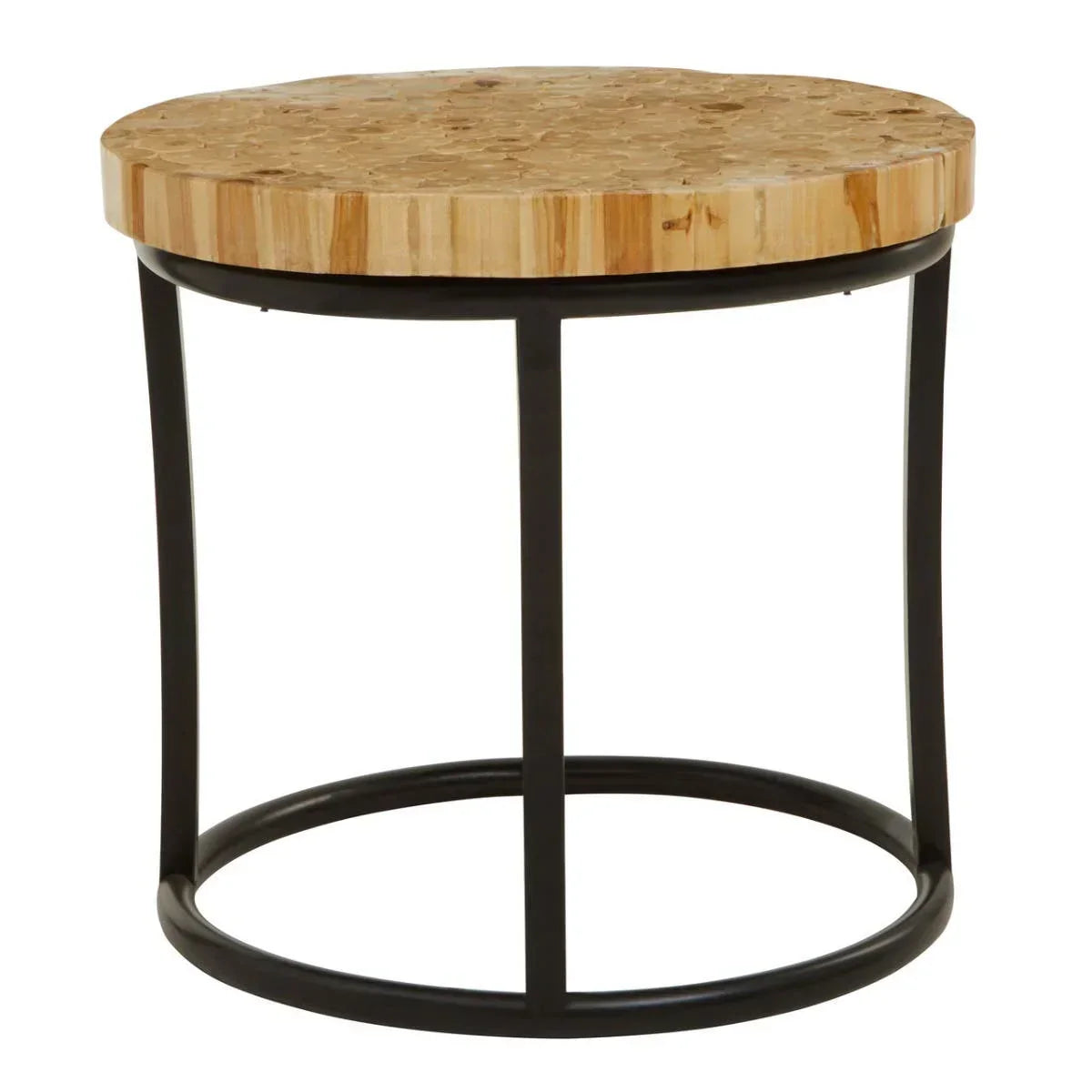 Round side table with natural wood top and black metal frame