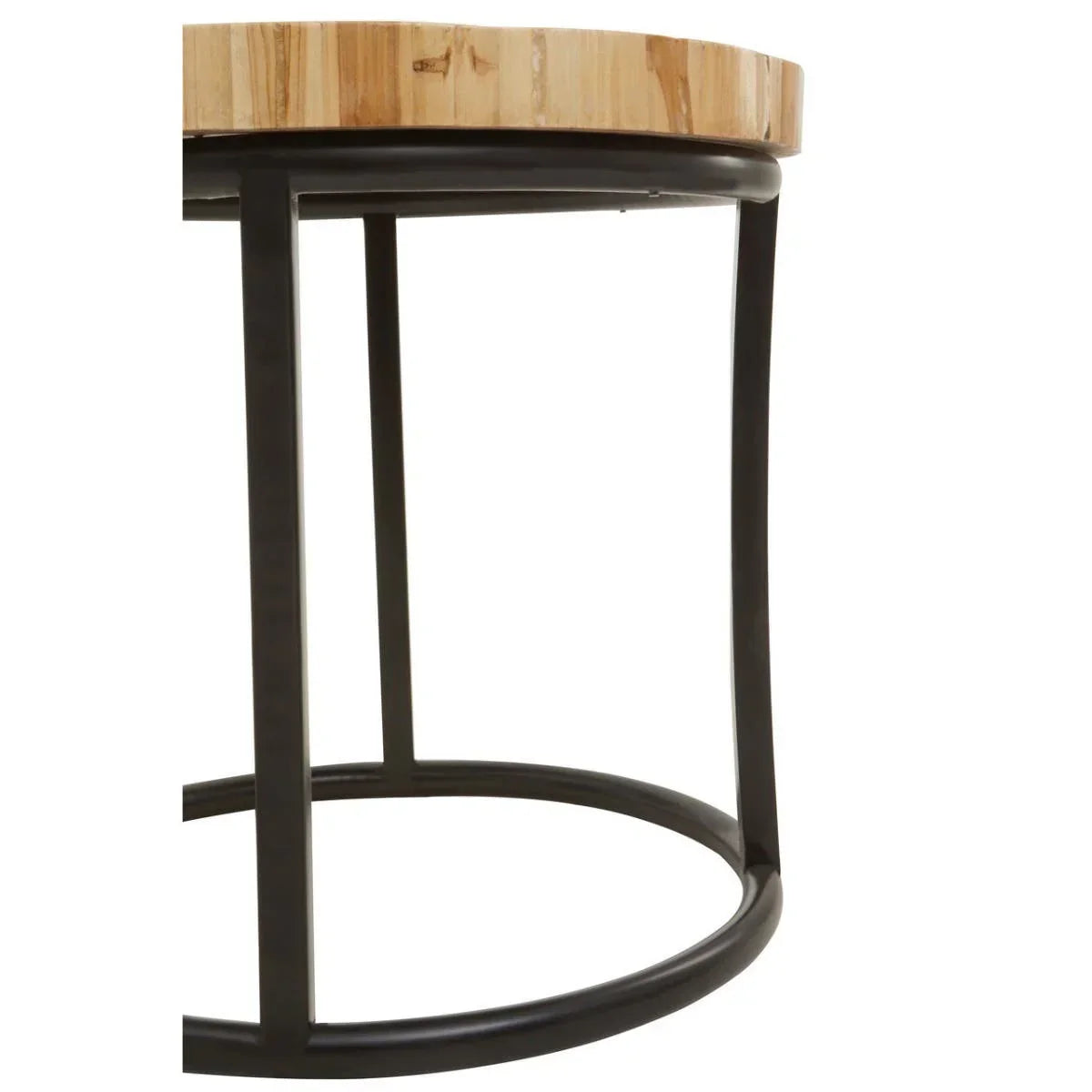 Round wood coffee table with black metal frame, closeup of leg and base detail